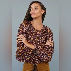 by Anthropologie Pauline Balloon-Sleeved Blouse Floral Black Tie Semi Sheer Top